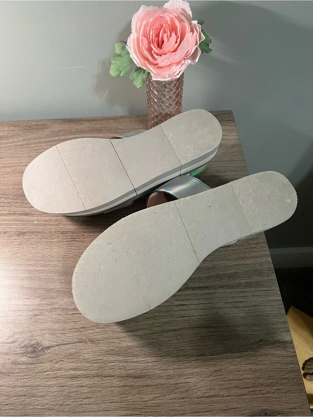 Naked Feet Iridescent Holographic Platform Slide Sandals - Silver